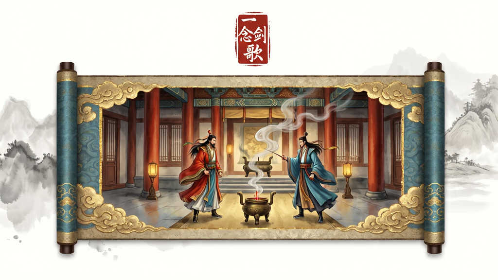 ��������Ϊһ��չ���Ĺŷ续����������������������Ŵ�����������ŵ���ʿ������Ϊ�������ʽ��ͼ������ռ�ݻ������룬���������Ե�ī��Ⱦ���ɣ��Ű��ϻ����Ϸ�������һ��衱����ӡ����ʽ��ʶ�����Ϊ�����ز���ˮī�ںϣ�ɫ������졢ʯ�ࡢ�̽�Ϊ����ϸ���ϻ�����Ե����������������������·��������ǰ��¯�������������ʾ��£�����ɾ����޶���Ԫ�ء�