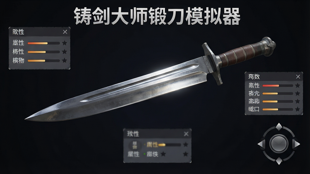 三维展示界面布局,一把完成研磨的刀剑悬浮于深色背景中央,四周环绕属性评分面板与旋转控制按钮,写实风格,细节表现刀面反光与刃口线条,画质清晰干净,画面中写有“铸剑大师锻刀模拟器”,无多余元素