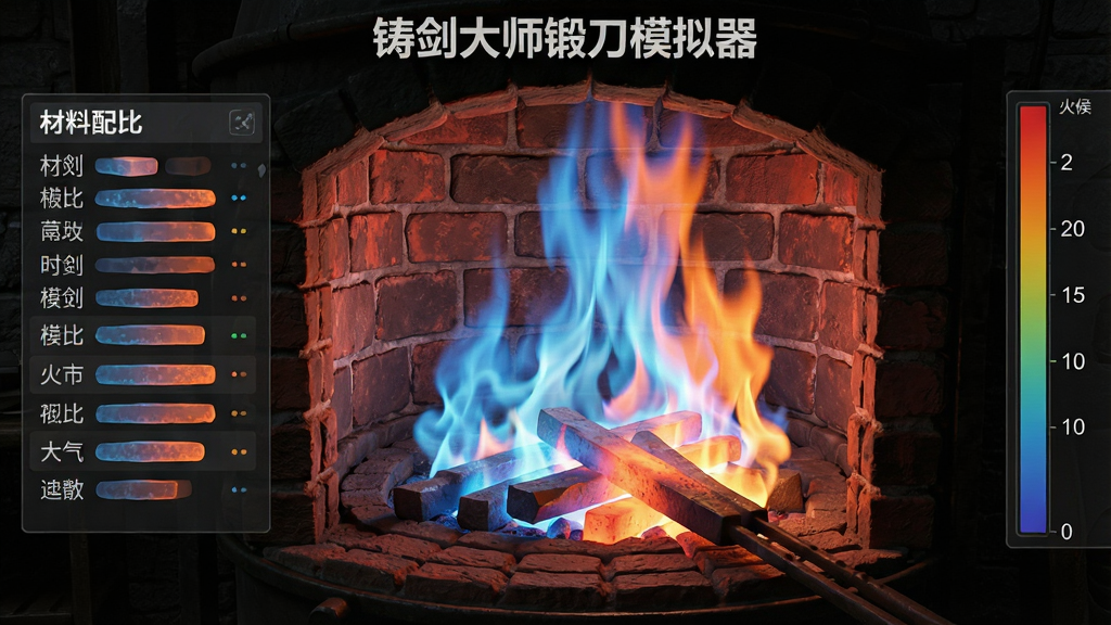 熔炉内部视角,火焰呈蓝橙渐变,铁料在炉膛中加热,画面左侧显示材料配比面板,右侧有火候刻度条,写实风格,细节表现火焰流动与炉壁耐火砖纹理,画质清晰干净,图中标注“铸剑大师锻刀模拟器”,无多余元素