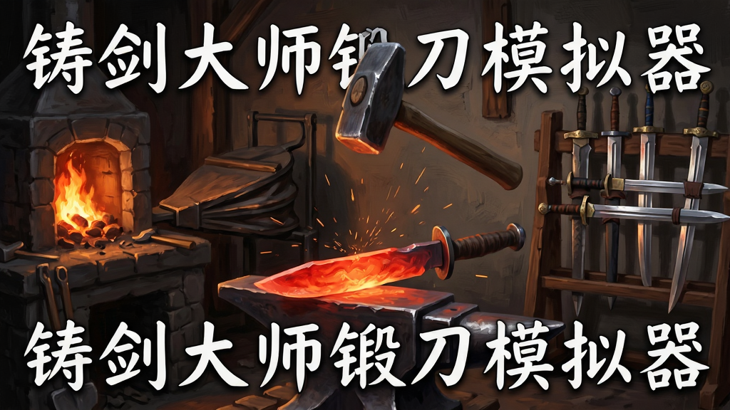 画面中央是一把正在锻打的红热刀坯,铁锤悬于上方,四周是古朴铁匠铺布局,左侧有熔炉与风箱,右侧摆放成品刀剑架,整体采用写实厚涂风格,细节表现火星飞溅与金属纹理,画质清晰干净,画面中打出手写体文字“铸剑大师锻刀模拟器”,无多余装饰元素