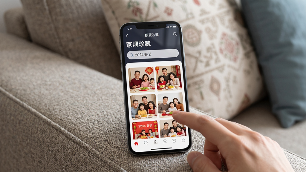主体为一台放在沙发扶手上的智能手机,屏幕显示“家隅珍藏”的搜索界面,搜索框内写有“2024 春节”关键词,下方排列着多张家庭聚会缩略图,布局为手机居中,背景有沙发织物纹理和抱枕,排版突出屏幕内容,风格为现代居家写实风,细节包含屏幕反光、手指轻触动作、缩略图色彩丰富,画质清晰干净,无多余元素