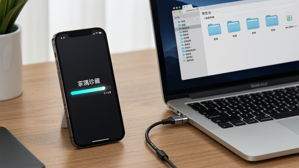 主体为一部手机和一台笔记本电脑并排放在书桌上,手机屏幕显示“家隅珍藏”导入进度条,电脑屏幕显示导出的文件夹目录,布局为左手机右电脑,中间有数据线连接,排版呈现工作台视角,风格为简洁科技居家风,细节包含桌面木纹、文件夹图标、进度条光效,画质清晰干净,无多余元素