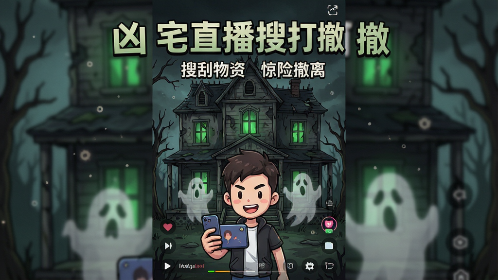 一张竖版手机游戏宣传图,画面主体是一栋破旧阴森的两层老宅,窗户透出微弱绿光,宅子前方站着一个手持手机正在直播的卡通风格主播角色,身后有模糊的幽灵剪影,整体布局采用居中构图,上方用醒目大字写着