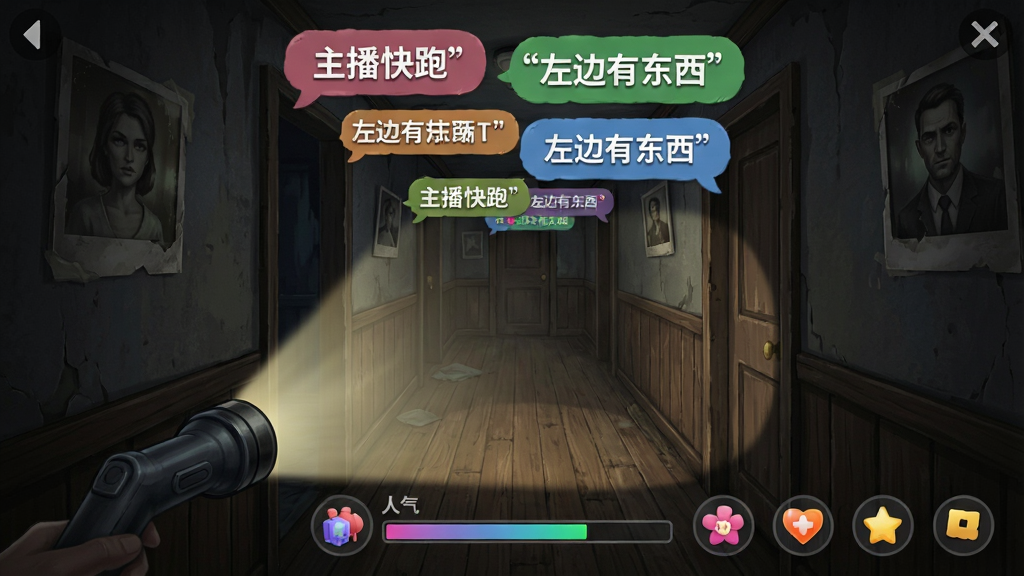 一张游戏界面截图风格插图,画面中心是手机屏幕视角的凶宅走廊,屏幕上方悬浮着彩色弹幕气泡,写着