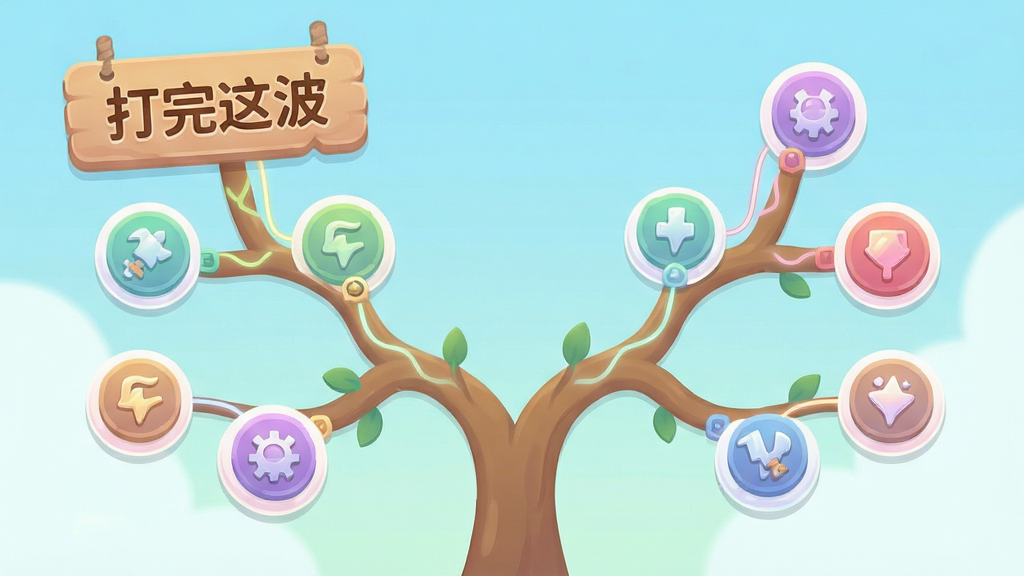 卡通风格的策略成长界面,画面中间是一棵分叉的升级树,节点用圆形图标表示,旁边有“打完这波”字样的标题牌,布局为左右对称的树状结构,风格清新扁平,细节包含柔和渐变色、圆角卡片与细线连接,画质干净清晰,无多余装饰