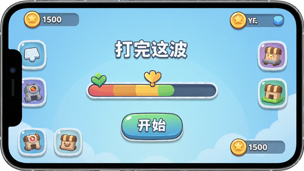手机屏幕上显示一款名为“打完这波”的休闲闯关游戏主界面,画面中央是卡通风格的波次进度条和开始按钮,四周环绕简洁的关卡图标与金币资源栏,背景为浅蓝渐变,整体布局居中对称,风格清爽扁平化,细节包含圆角按钮、柔和阴影与轻微高光,画质清晰干净,无多余元素