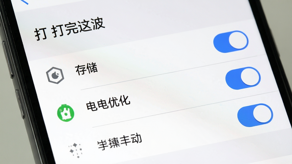 手机设置界面特写,显示“打完这波”应用的权限管理页面,包含存储、电池优化等开关选项,布局为列表式排列,风格简洁商务,细节包含清晰的图标、灰色分隔线与蓝色开关按钮,画质清晰干净,无多余元素