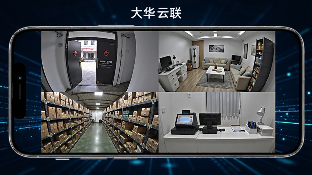 一部手机横屏显示四宫格监控画面,画面中分别是门口、客厅、仓库与收银台场景,手机上方有