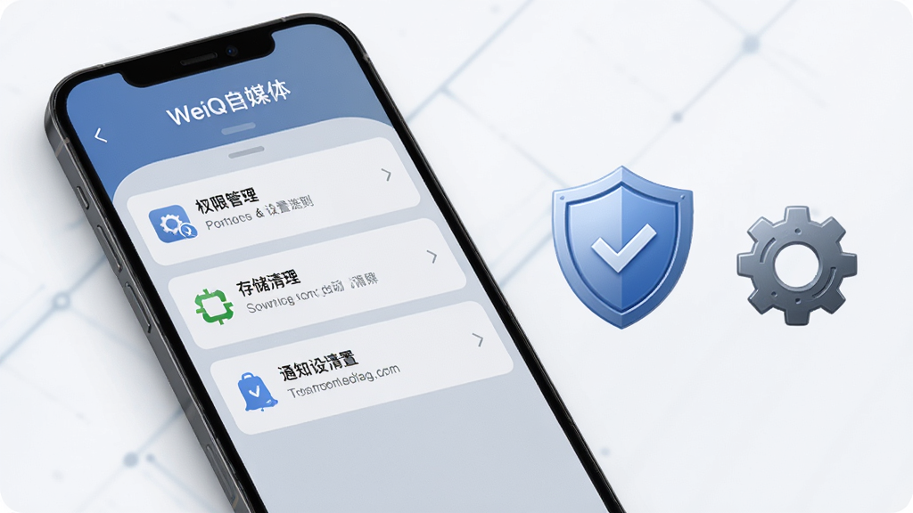 画面为一部手机屏幕显示“WeiQ自媒体”设置界面,界面中包含权限管理、存储清理与通知设置选项;手机旁放置一个盾牌图标与齿轮图标,象征安全与优化;布局为手机居中偏左,图标居右;风格为简洁科技风,色调以蓝灰为主;细节上突出设置项文字与图标对应关系;画质高清,画面干净,无多余元素。