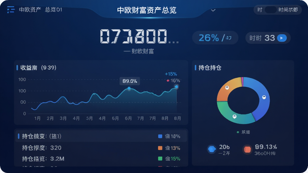 ����Ϊ��ŷ�Ƹ��ʲ����� dashboard ���棬����Ϊ�ֻ���Ļ��չʾ���ʲ����֡���������ͼ��ֲֻ���ͼ���Ű�Ϊ���������֡��в�ͼ�����ײ��ֲ��б������Ϊ��������Ƽ����ڷ磬ϸ�ڰ����ٷֱȱ�ǩ��ʱ��ά���л���ť���ֲ�ɫ��ͼ�������ʸ��塢�ɾ����޶���Ԫ��