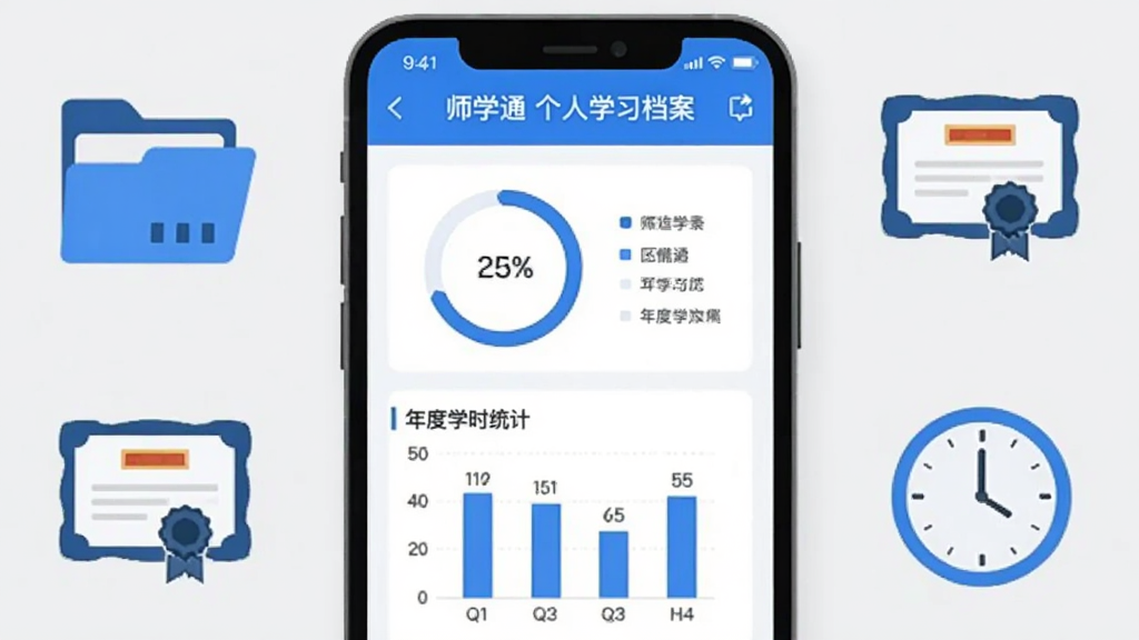 画面中央为一部手机,屏幕显示师学通个人学习档案页面,页面内有环形进度图与年度学时统计柱状图,手机周围环绕文件夹、证书、时钟三个小图标,整体蓝白配色,扁平化设计风格,浅灰背景,排版整齐,画质清晰干净