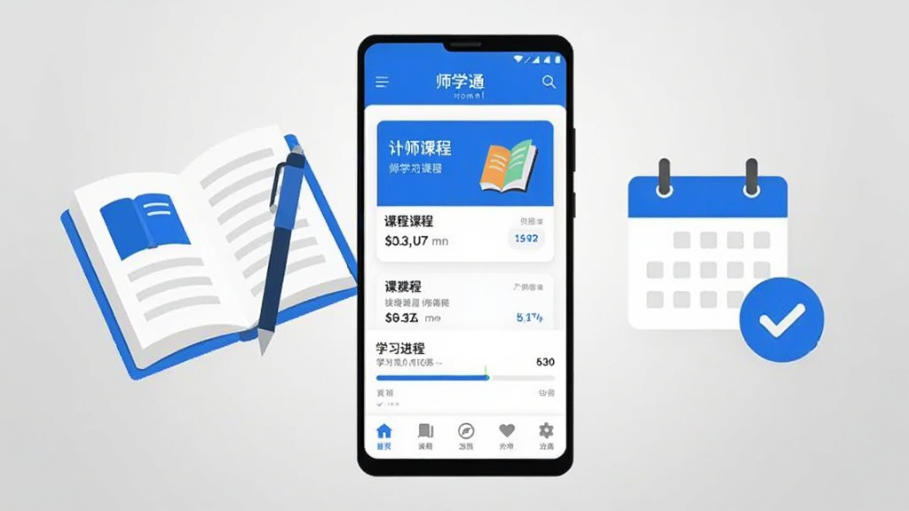 画面中央是一部竖屏安卓手机,手机屏幕内展示师学通应用的主页界面,包含课程卡片、学习进度条与底部导航栏,手机左侧悬浮一本打开的电子书与一支笔,右侧悬浮日历与对勾图标,整体采用蓝白配色,扁平化插画风格,背景为浅灰渐变,构图居中对称,细节干净,画质清晰,无多余元素
