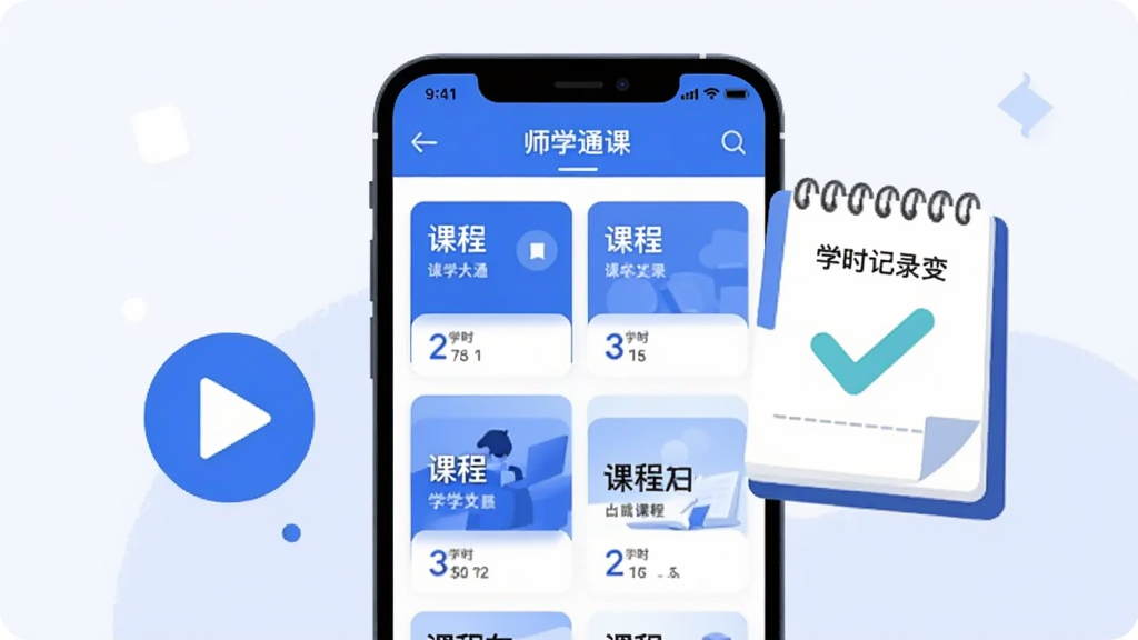 画面主体为一部手机屏幕,屏幕内显示师学通课程列表页面,课程卡片整齐排列,每张卡片上标注课程名称与学时数字,手机右侧漂浮一个带对勾的学时记录本,左侧漂浮一个播放按钮图标,蓝白主色调,扁平插画风格,浅色背景,构图简洁,画质干净清晰