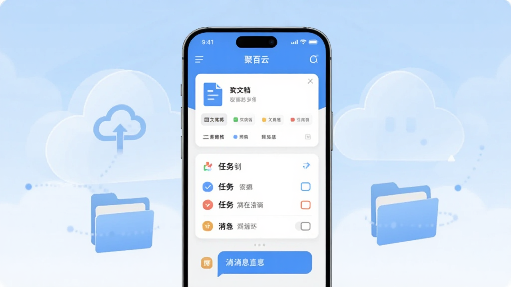 画面中央是一部竖屏智能手机,屏幕内展示“聚百云”应用主界面,包含文档卡片、任务列表和消息气泡三个区域;手机两侧漂浮半透明的云朵与文件夹图标,象征云端同步;背景为浅蓝渐变到白色的柔和过渡,整体采用扁平化插画风格,线条干净,配色清爽;画质清晰,无多余装饰元素