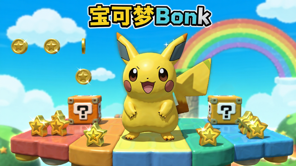 画面中央是一只圆润可爱的黄色电系宝可梦角色站在彩色关卡平台上,周围散落着星星金币与问号道具箱,背景是蓝天白云与彩虹拱桥,构图采用居中对称布局,上方留白放置游戏标题文字