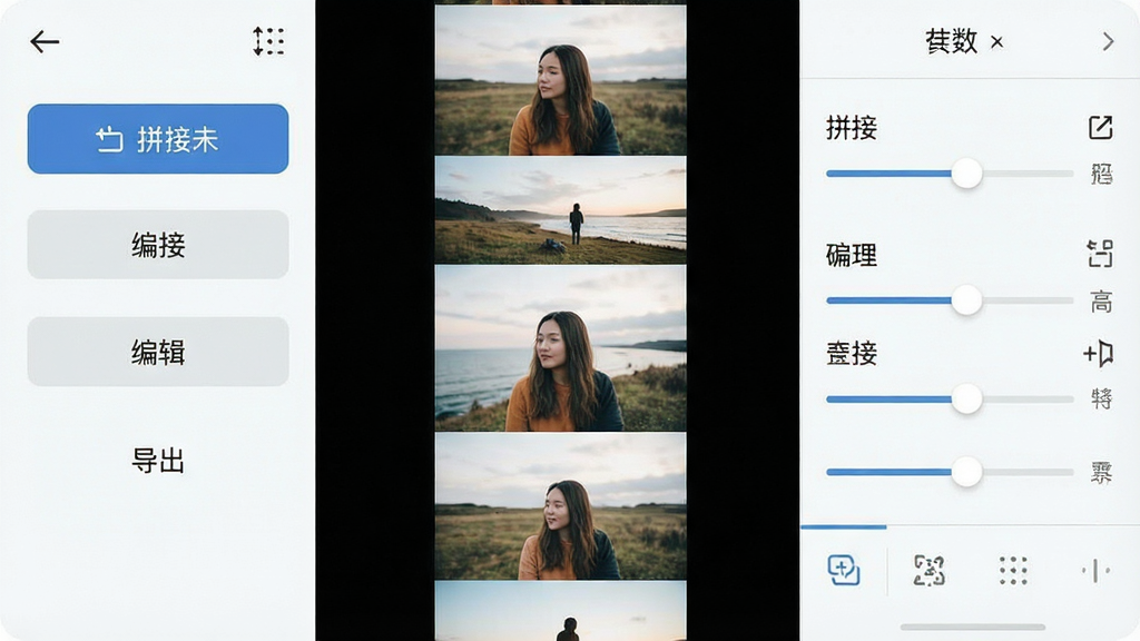 一张展示爱拼长图软件主界面的手机屏幕截图,画面中央是竖向排列的多张照片拼接预览,左侧为功能菜单栏,包含拼接、编辑、导出等按钮,右侧为参数调节面板,整体布局清晰,风格简洁现代,浅色背景,细节精致,画质干净,无多余元素