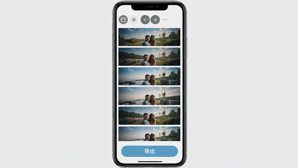 爱拼长图软件的多图拼接功能界面,画面中显示手机屏幕内多张图片按竖向排列自动拼接,图片之间有均匀间距,顶部有方向切换按钮,底部有导出按钮,界面风格清爽,浅灰色背景,布局规整,画质清晰,无多余元素