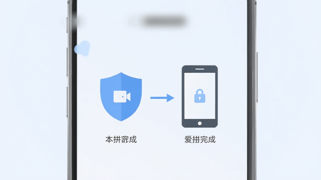 爱拼长图软件的本地处理隐私保护示意界面,画面展示手机屏幕中图片处理流程在设备本地完成的图标示意,包含盾牌与手机图形,风格简约,浅蓝色调,布局居中,画质干净,无多余元素
