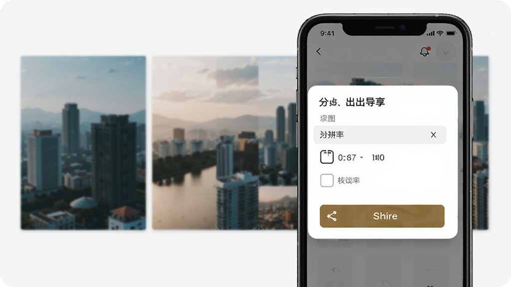 爱拼长图软件的高清导出与分享界面,画面中手机屏幕显示导出设置弹窗,包含分辨率选项和分享按钮,背景为拼接完成的长图预览,界面风格现代,浅色背景,布局合理,画质清晰,无多余元素