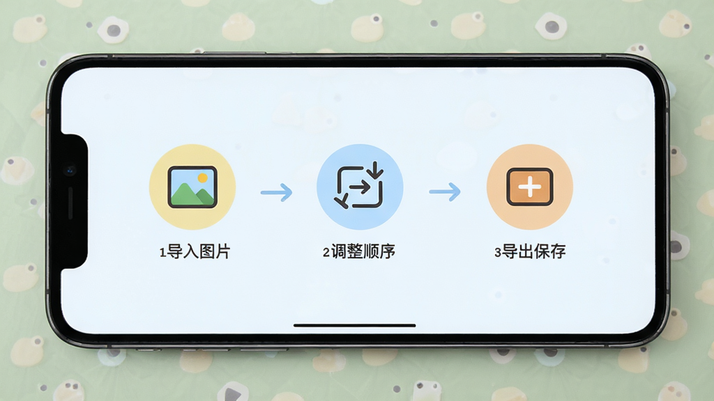 爱拼长图软件的新手操作引导界面,画面展示手机屏幕中分步操作提示,包含导入图片、调整顺序、导出保存三个步骤图标,风格友好,浅色背景,布局清晰,画质干净,无多余元素