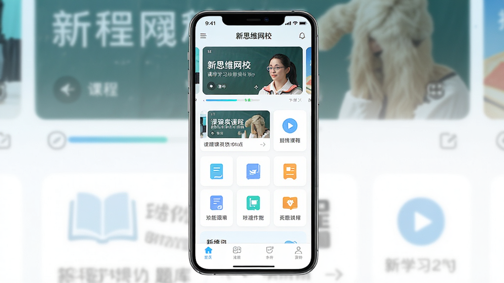 画面主体是一部智能手机竖屏展示在线学习APP首页,布局为顶部课程轮播图、中部功能图标 grid、底部导航栏,排版居中对称,风格为清新教育科技风,细节包含课程卡片、进度条、播放按钮、题库图标,画质高清干净无多余元素,画面中手机屏幕上有