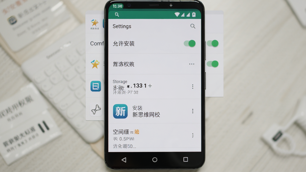一部安卓手机屏幕显示应用安装权限设置页面,画面布局为设置选项列表居中,风格为系统界面写实风,细节包含