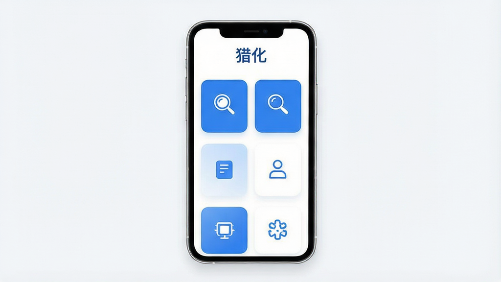 一张展示“猎化”软件主界面的手机应用截图风格图片,画面中央是一部竖屏智能手机,屏幕内呈现简洁的卡片式功能布局,顶部有“猎化”字样标识,主体区域分布多个功能入口图标,整体采用蓝白配色,布局居中对称,风格清爽现代,细节上手机边框圆润、界面留白充足、图标线条简洁,画质清晰干净,无多余装饰元素