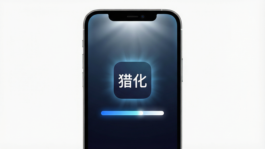 一张表现“猎化”软件轻量快速启动概念的图片,画面主体是一部手机屏幕亮起瞬间的光效,屏幕中央显示“猎化”应用图标与加载进度条,布局为手机居中放置于深色渐变背景之上,风格科技感与简洁感结合,细节包括屏幕边缘微光、进度条蓝白渐变、背景干净无杂乱图案,画质高清,画面干净,无多余元素