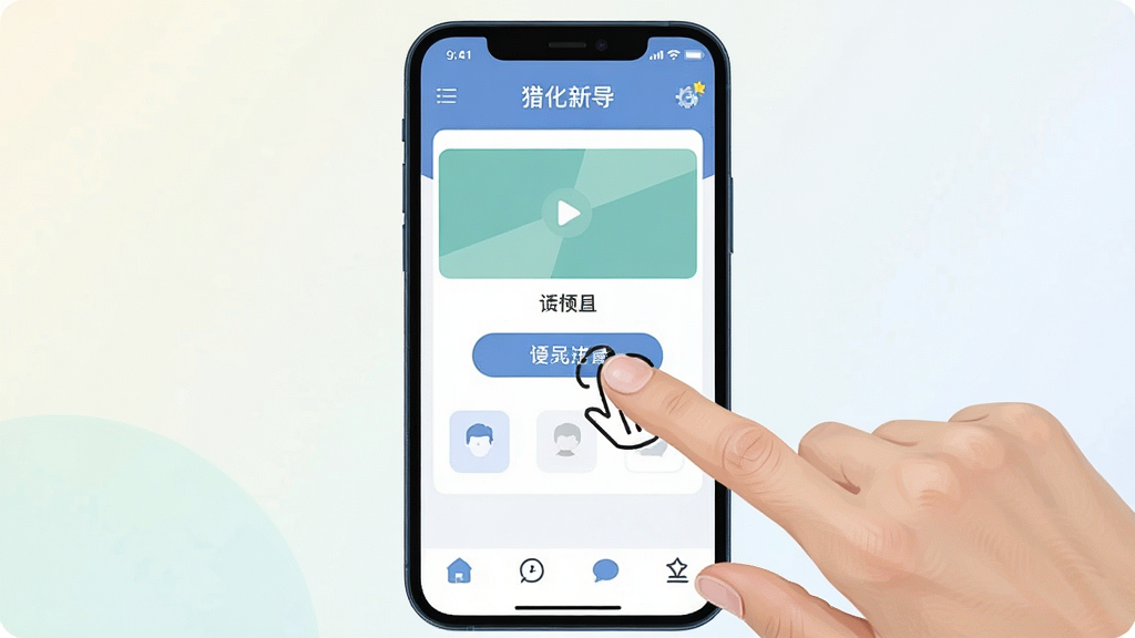 一张表现“猎化”软件新手使用引导场景的图片,画面主体为手机屏幕显示应用主界面并带有手指点击操作示意,布局为手机居中、手指从右侧伸入点击屏幕中部按钮,风格扁平插画风,细节包括界面元素清晰、手指动作自然、背景为浅色渐变,画质清晰干净,无多余元素