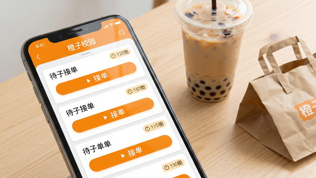 橙子校园商户端订单管理界面示意图,画面主体是一部手机屏幕特写,屏幕内展示橙子校园商户端的待接单列表,每张订单卡片带有醒目的接单按钮与倒计时标签,手机旁边放着一杯奶茶和一个打包袋,布局为左侧手机右侧静物,风格为清新写实商业摄影,细节上屏幕有轻微高光反射、背景为浅木色桌面,画面干净无杂乱元素,高清画质