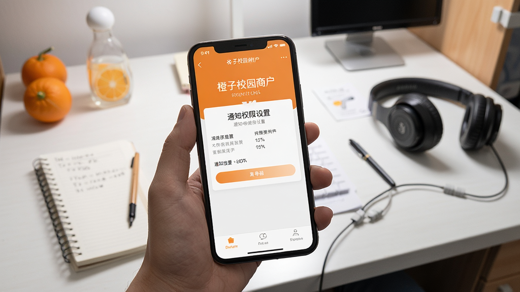 橙子校园商户端移动端使用场景图,画面主体为一只手握着手机,手机屏幕上显示橙子校园商户端的通知权限设置引导页面,背景为校园宿舍桌面环境,布局为第一人称视角特写,风格为写实生活摄影,细节上手机屏幕有清晰界面文字、桌面有笔记本与耳机,画面干净整洁,高清画质