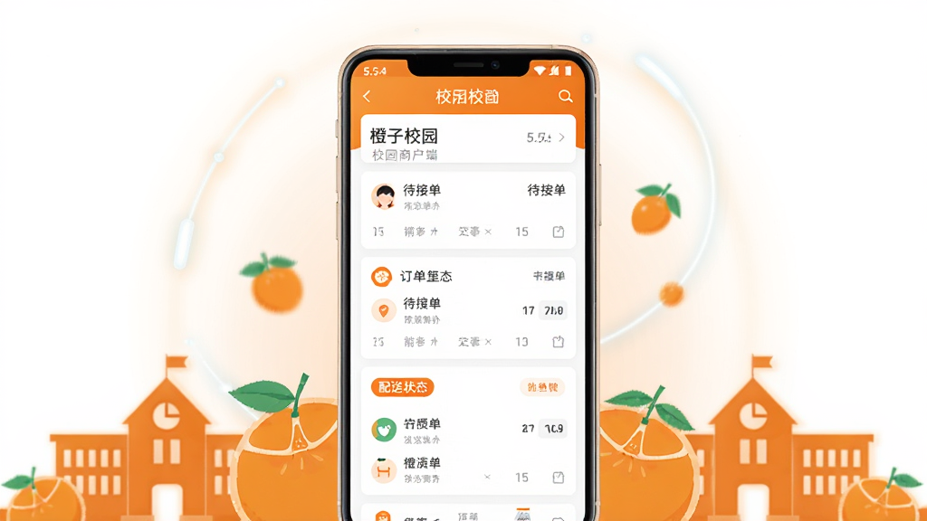 橙子校园商户端 5.5.4 版本官方宣传主视觉图,画面中央为一部竖屏安卓手机,手机屏幕上展示橙子校园商户端的订单管理后台界面,包含待接单列表与配送状态标签,手机周围环绕橙子元素与校园建筑剪影,整体采用橙白配色,布局为居中对称构图,风格为扁平化科技插画,细节上手机边框有柔和反光、背景有轻微渐变光晕,画面干净整洁无多余元素,高清画质,分辨率1080x720