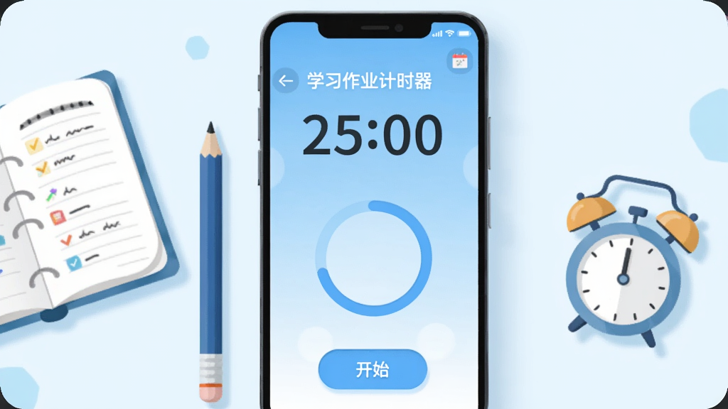 画面中央是一部竖屏安卓手机,屏幕上显示「学习作业计时器」应用界面,界面顶部有醒目的倒计时数字「25:00」,下方是圆形进度环和开始按钮,背景为浅蓝色渐变,手机左侧摆放着一支铅笔和一本翻开的作业本,右侧有一个小闹钟,整体布局干净整洁,风格为清新扁平化插画,细节包括柔和的阴影和圆角图标,画质清晰明亮,画面干净无多余元素