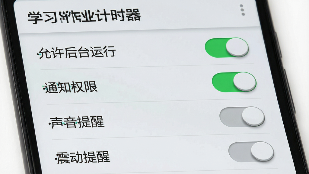 一部安卓手机屏幕显示「学习作业计时器」的设置页面,页面上有「允许后台运行」「通知权限」「声音提醒」「震动提醒」四个开关选项,其中「允许后台运行」开关处于开启状态并带有绿色高亮,屏幕上方有软件名称「学习作业计时器」标题栏,背景为浅灰色设置列表风格,细节包括开关的立体质感和清晰的文字标注,画质干净清晰,画面无杂乱元素