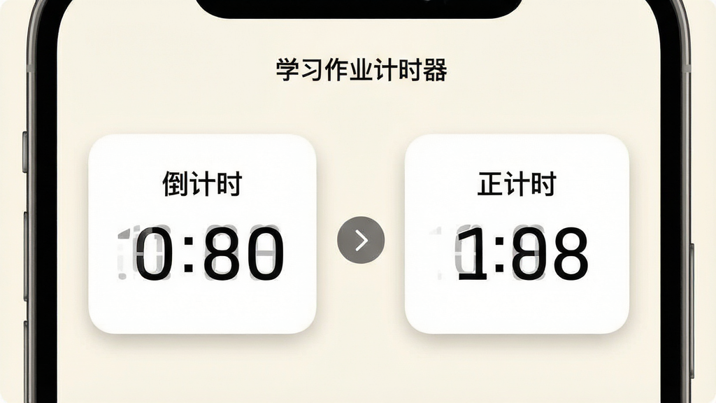 手机屏幕特写,显示「学习作业计时器」的双模式切换界面,左侧为倒计时模式卡片标注「倒计时」字样,右侧为正计时模式卡片标注「正计时」字样,两个卡片之间有一个切换箭头图标,屏幕上方有软件名称「学习作业计时器」的小字标题,背景为柔和米白色,风格为清爽UI设计展示图,细节包括卡片圆角、投影和清晰的数字字体,画质干净锐利,无多余装饰元素