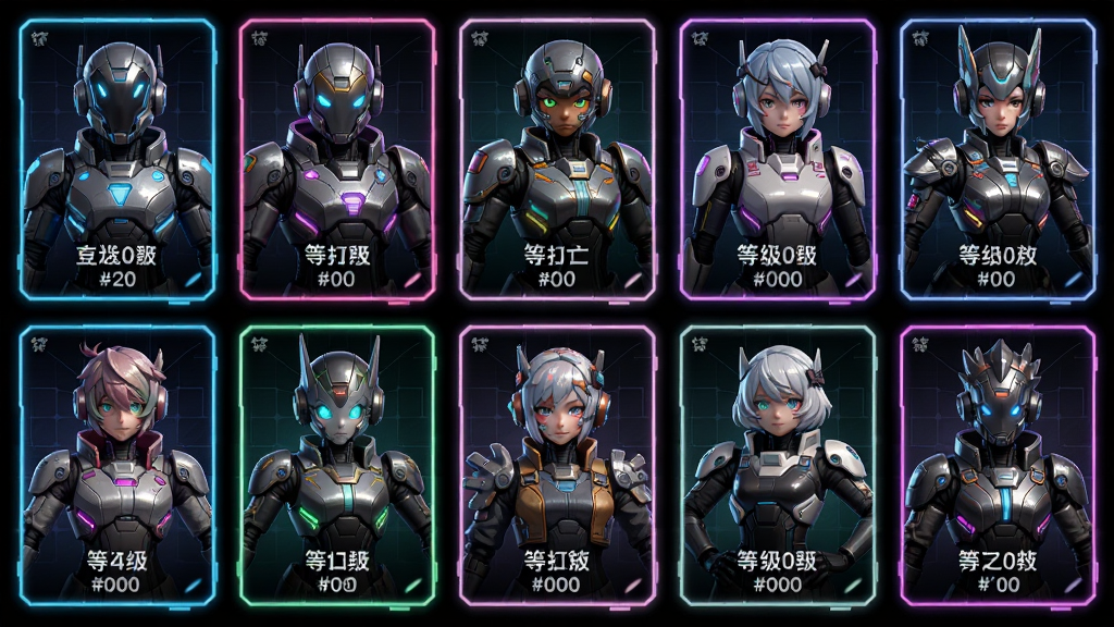 主体为音乐世界赛特斯2角色选择界面,画面中排列多位风格迥异的科幻角色立绘,布局为横向卡片式排列,排版整齐清晰,风格为赛博朋克角色展示图,细节包含霓虹边框、角色名称标签、等级标识,画质高清,干净,无多余元素