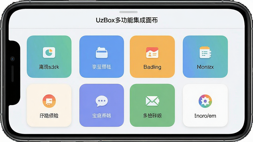 一张UzBox多功能集成面板的界面展示图,主体为手机屏幕内分区排列的功能卡片,布局为上方标题栏加下方网格卡片,排版整齐对称,风格为清爽浅色UI设计,细节包含卡片圆角、图标配色统一、分区标签文字,画质高清、画面干净、无多余元素
