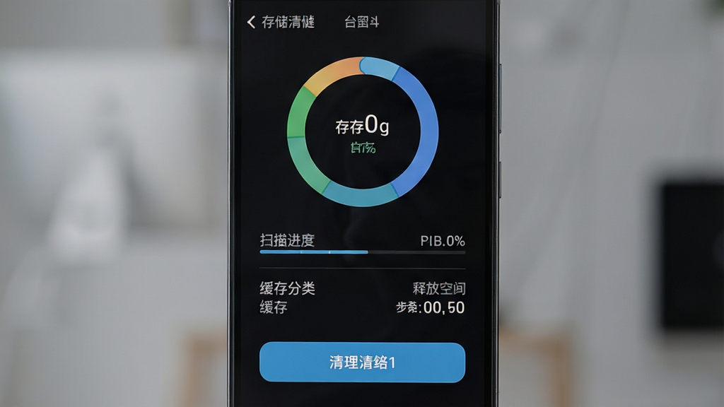 一张展示手机存储清理界面的场景图,主体为手机屏幕中央的环形存储占用图表,布局为图表在上、清理按钮在下,排版居中对称,风格为科技感简约风,细节包含扫描进度条、缓存分类列表、释放空间数值显示,画质高清、画面干净、无多余元素