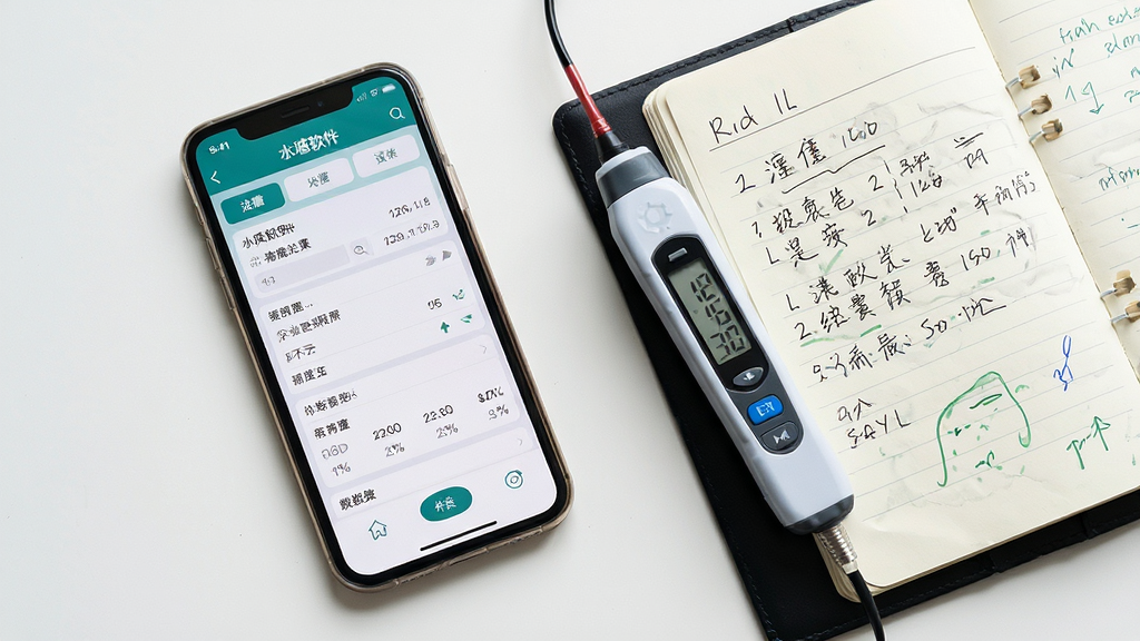 画面主体为手机屏幕显示鱼塘软件记录页面,旁边放置水质检测笔与记录本;布局为桌面俯拍,手机与工具呈三角构图;风格为清新写实风,自然光;细节上屏幕内容清晰,检测笔有数值显示,记录本有手写痕迹;画质清晰,干净,无多余元素