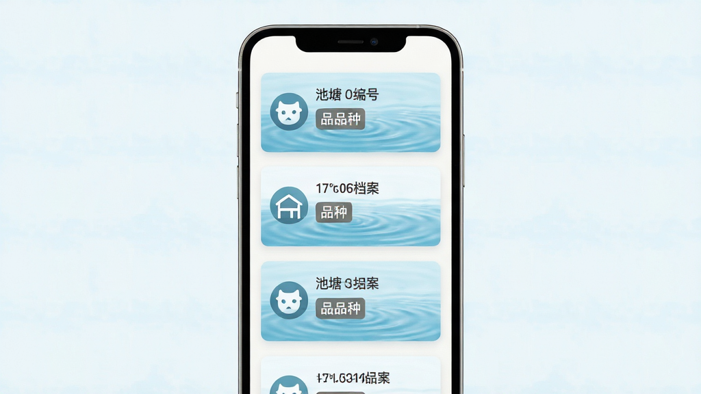 画面主体为手机屏幕中展示多个鱼塘档案卡片列表,每张卡片带有池塘编号与品种标签;布局为手机居中,卡片纵向排列清晰;风格为扁平化UI展示风,浅色背景;细节上卡片带有水波纹理装饰,图标简洁;画质清晰,干净,无多余元素