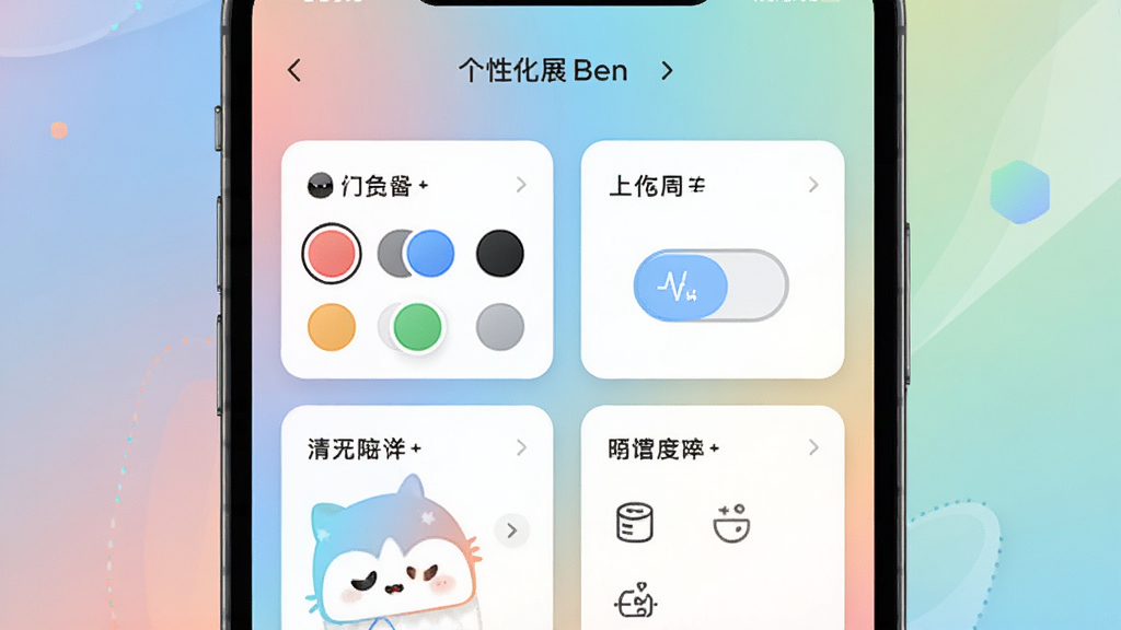 BenBen个性展示面板界面图,手机屏幕呈现BenBen应用个性化设置页面,包含颜色选择、布局切换等选项卡片,背景为柔和渐变色调,风格现代清爽,细节丰富,画质高清,干净无多余元素