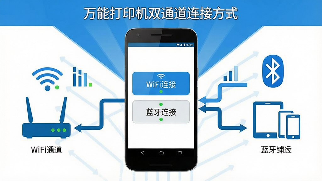һ��չʾ�����ܴ�ӡ����˫ͨ�����ӷ�ʽ��ʾ��ͼ�����������ǰ�׿�ֻ���Ļ��ʾ��WiFi���ӡ��롰�������ӡ��������а�ť����������·�����������ź�ͼ�����WiFiͨ�����Ҳ��������������������豸ͼ���������ͨ��������·�����ջ�۵�һ̨��ӡ���ϣ�����Ϊ���з���״�����Ϊ��ˬ����Ϣͼ���ϸ�ڰ����ź�ǿ�������豸���Ʊ�ǩ������״̬Բ�㣬���ʸɾ���������ɫ������Ϊ����������װ��