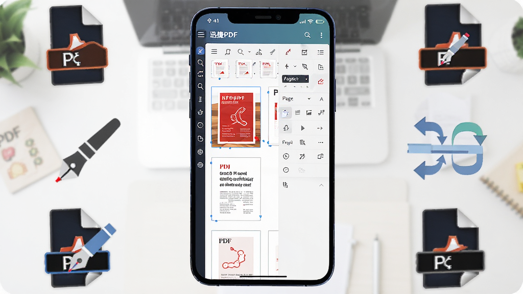 ��������չʾһ�������ֻ�����Ļ�г���Ѹ��PDF�༭���������棬�������PDF�ĵ�����ͼ���༭��������ҳ�������壬�ֻ���Χ����PDF�ļ�ͼ�ꡢ�༭��ͼ���ת����ͷͼ�꣬����Ϊǳɫ�칫���棬���岼�ּ��Գƣ����Ϊ�ִ���ƽ���Ƽ��廭��ϸ�����������ʸɾ����޶���Ԫ��