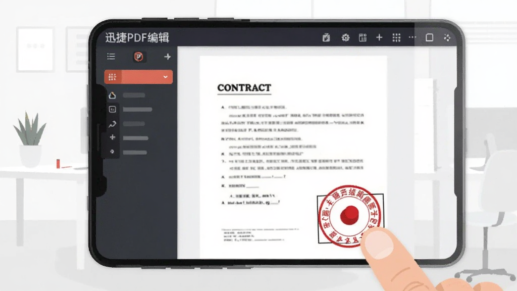 �ֻ���Ļ��չʾѸ��PDF�༭�����棬һ��PDF��ͬҳ�����½Ƿ�����һö��ɫԲ�ι��£���ָ�����϶���������λ�ã�����Ϊ���İ�ɫ�칫������������Ϊ���±�ƽ�廭��������ȷ�����־��У����ʸɾ�������Ԫ��