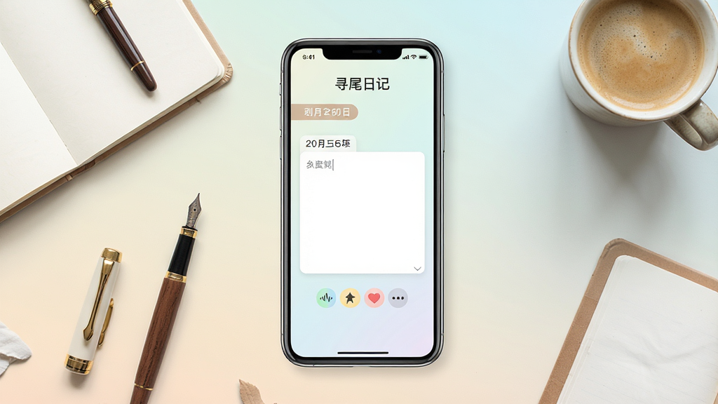寻尾日记应用主界面展示,画面中央是一部智能手机,屏幕上呈现简洁的日记记录页面,包含日期标签、文字输入框和心情图标,背景为柔和浅色渐变,周围点缀笔记本、钢笔、咖啡杯等生活元素,整体风格清新自然,布局居中对称,画质清晰干净,无多余装饰