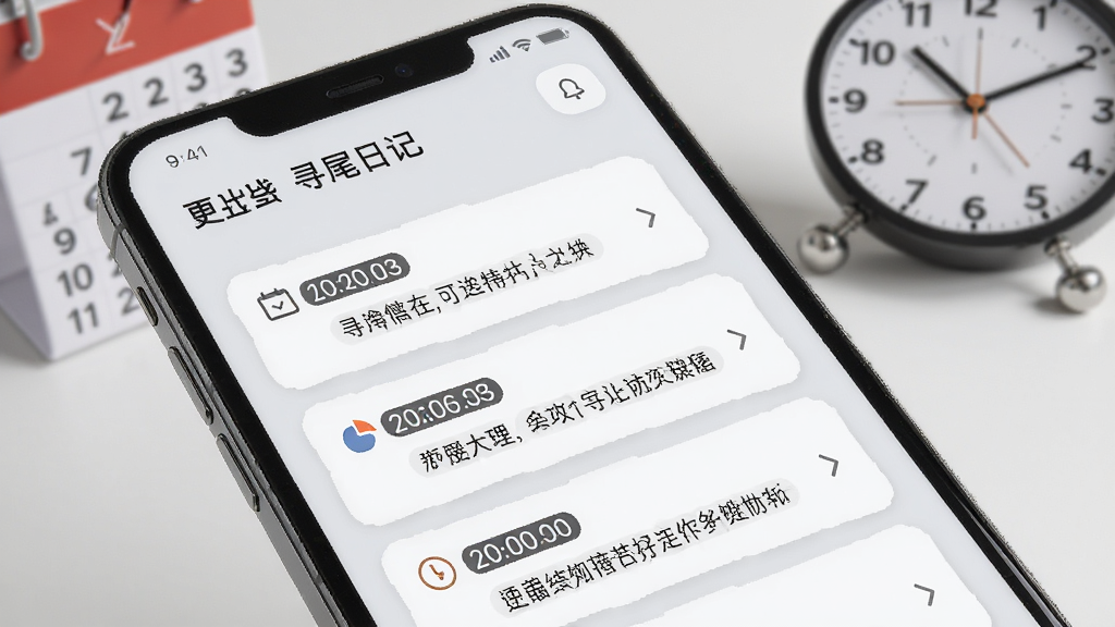 寻尾日记时间线视图展示,手机屏幕呈现按日期排列的记录列表,每条记录带有时间标签和简短摘要,界面采用卡片式布局,背景为浅灰色调,画面中有日历和时钟元素作为装饰,风格简洁商务,画质清晰无杂乱