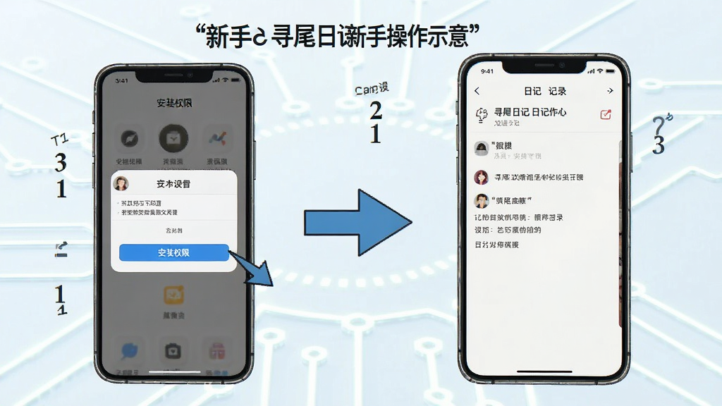 寻尾日记新手操作示意,画面展示手机屏幕上的安装权限设置界面与日记记录页面并列布局,有箭头指引操作步骤,背景为浅色科技感线条,风格清晰直观,画质干净,无多余元素
