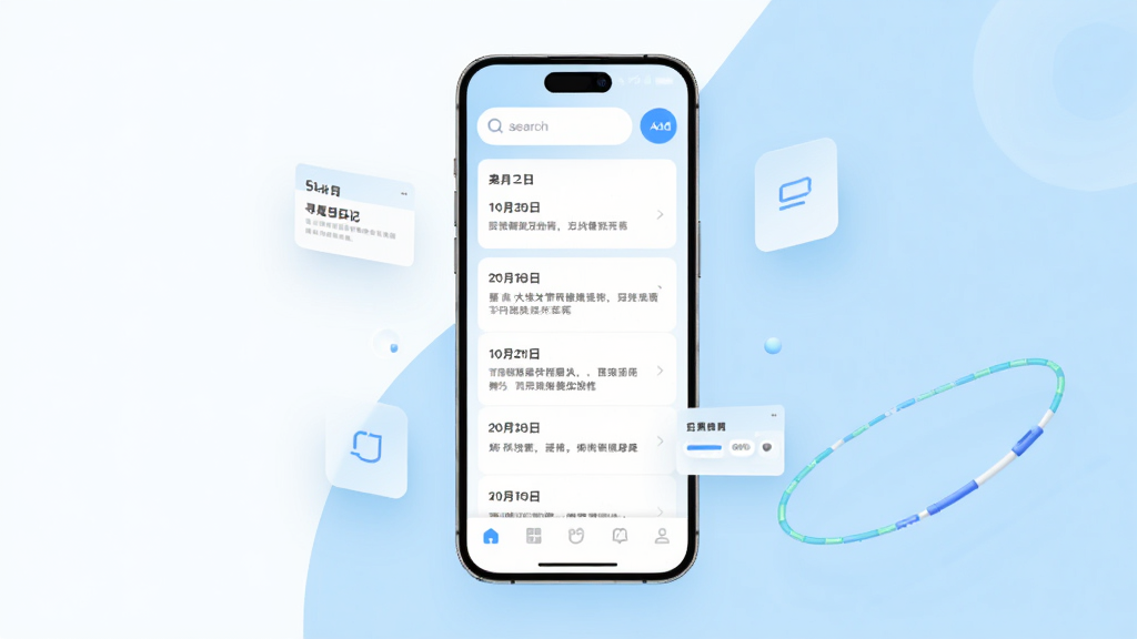 寻尾日记界面设计展示,手机屏幕呈现清爽的日记列表页面,顶部有搜索栏和添加按钮,列表项包含日期和摘要文字,底部导航栏简洁,背景为白色与浅蓝色搭配,画面中有UI设计元素漂浮,风格现代简约,画质干净明亮