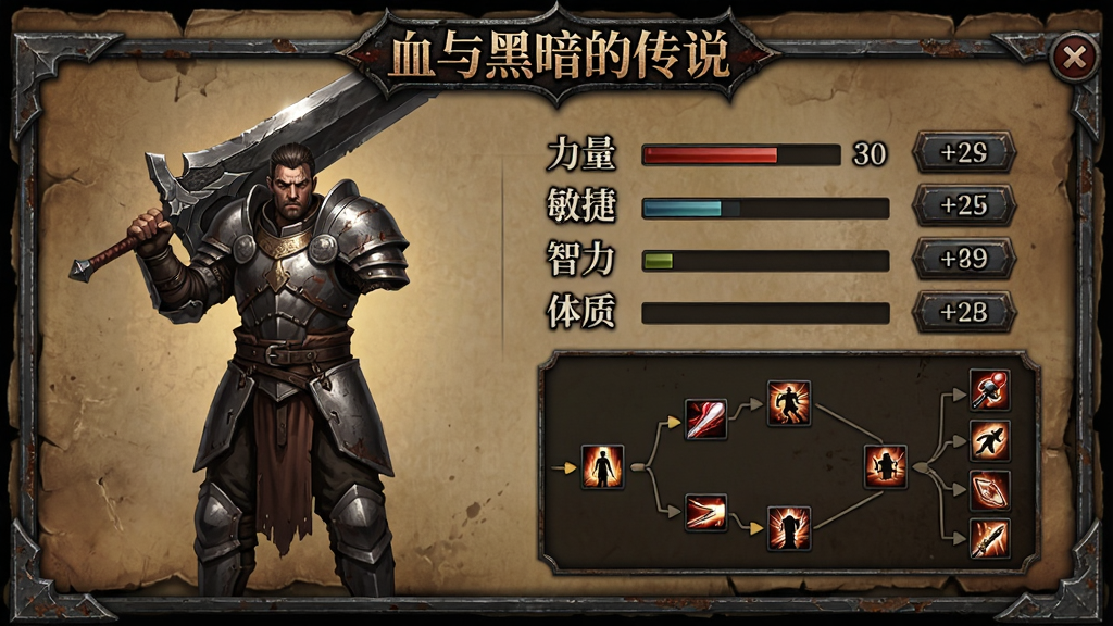 暗黑风格的角色属性面板界面,左侧为手持巨剑的战士立绘,右侧排列力量、敏捷、智力、体质四项属性数值与加点按钮,下方为技能树分支示意图,界面边框为做旧金属质感,背景为深色羊皮纸纹理,顶部居中显示“血与黑暗的传说”游戏Logo,画质精细,布局规整,无杂乱元素
