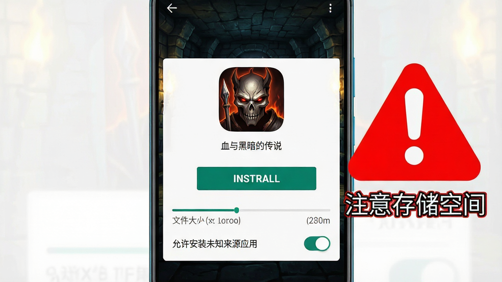 手机屏幕显示安卓应用安装界面,中央为“血与黑暗的传说”图标与安装按钮,下方有“允许安装未知来源应用”的开关提示,背景为深色地牢风格壁纸,画面右侧叠加一个红色感叹号警示图标与“注意存储空间”字样,整体为竖版教程配图风格,细节包含进度条与文件大小标注,画质清晰干净